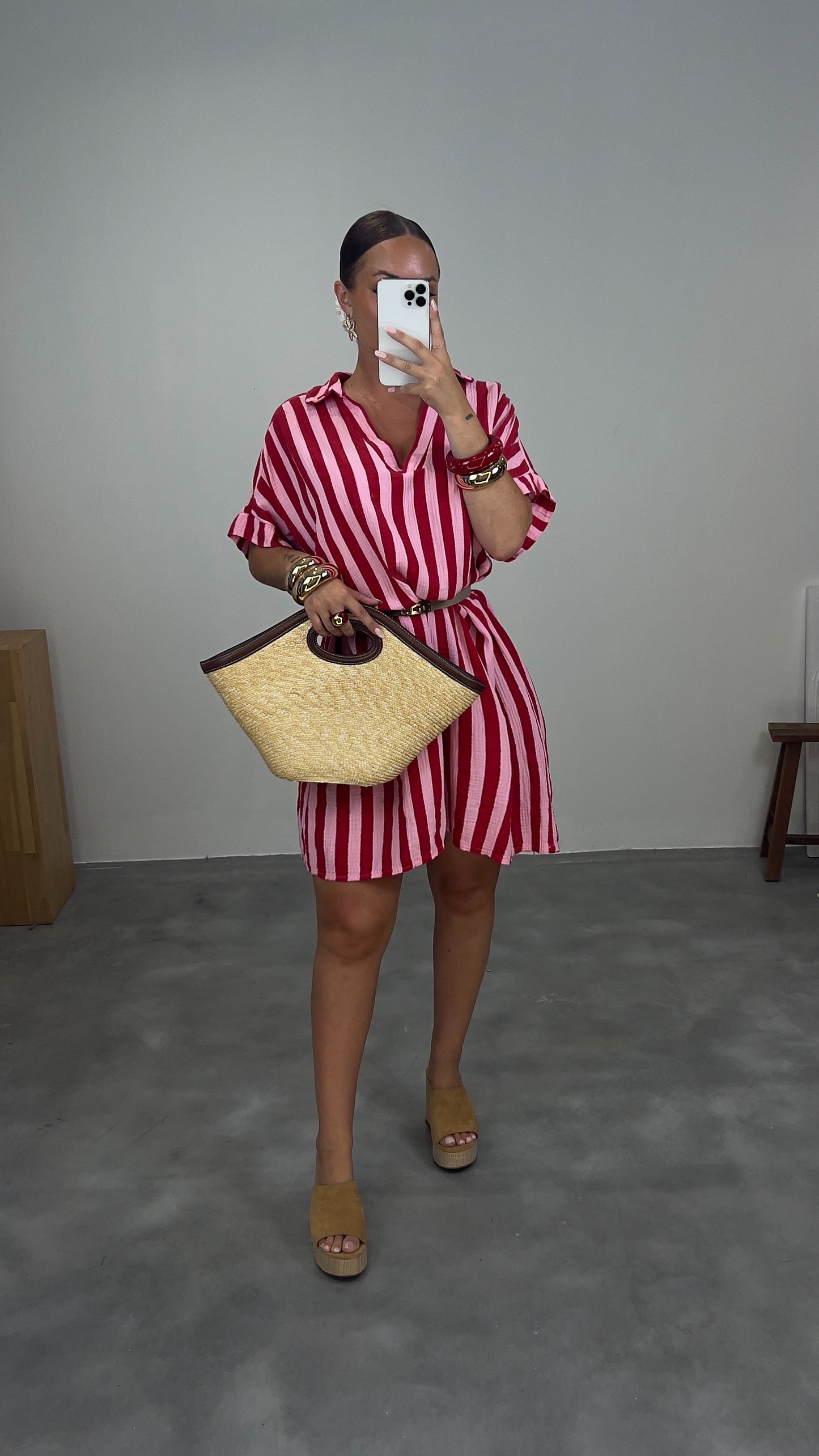 Robe courte rayée gaze de coton - rose