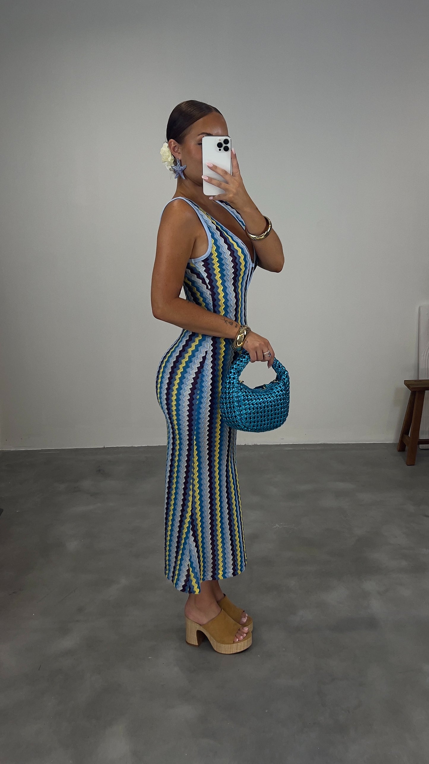 Robe maille rayée - turquoise