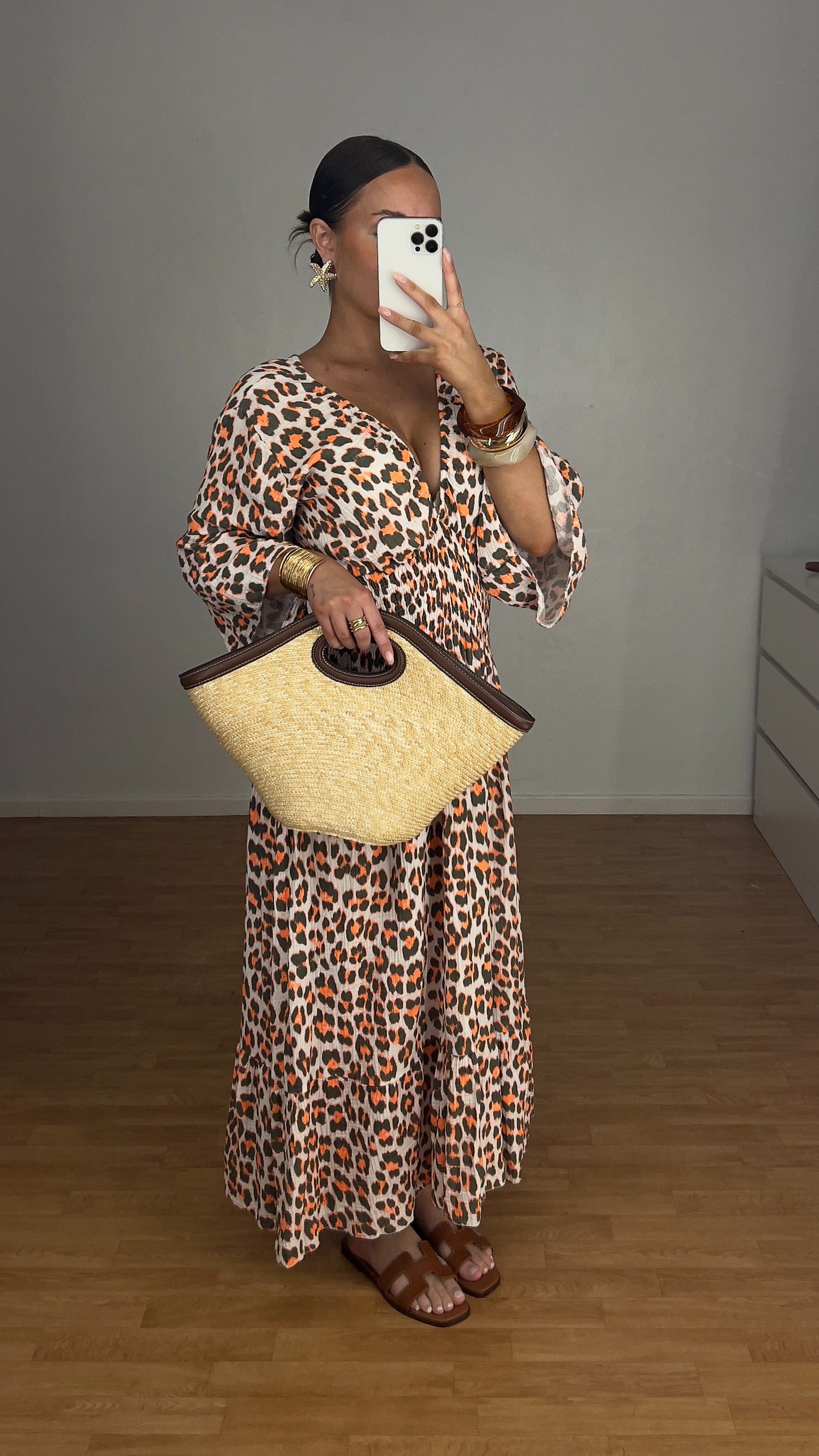 Robe longue léopard - orange et kaki