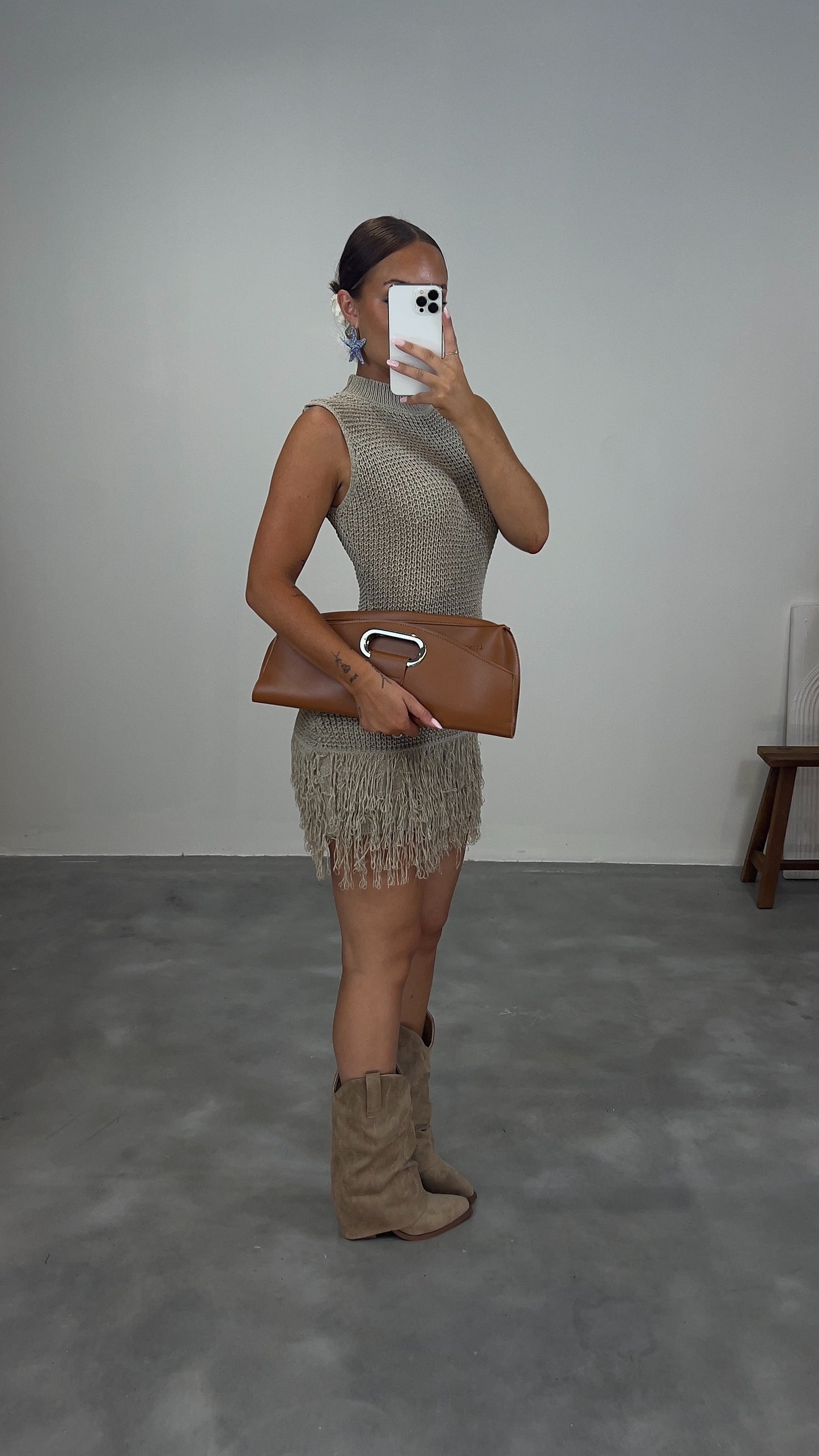 Robe maille frange - taupe
