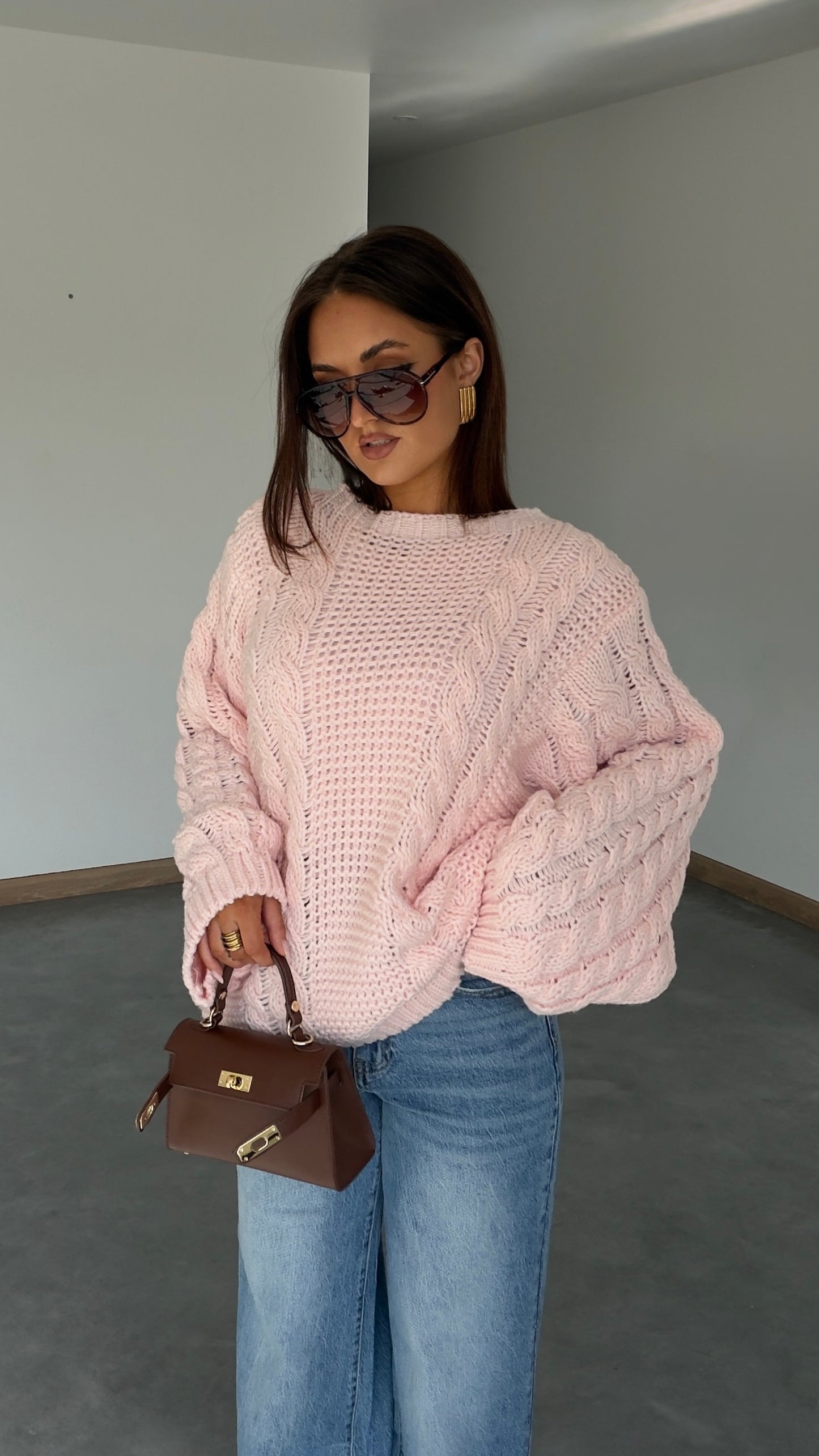 Pull tressé - rose poudré