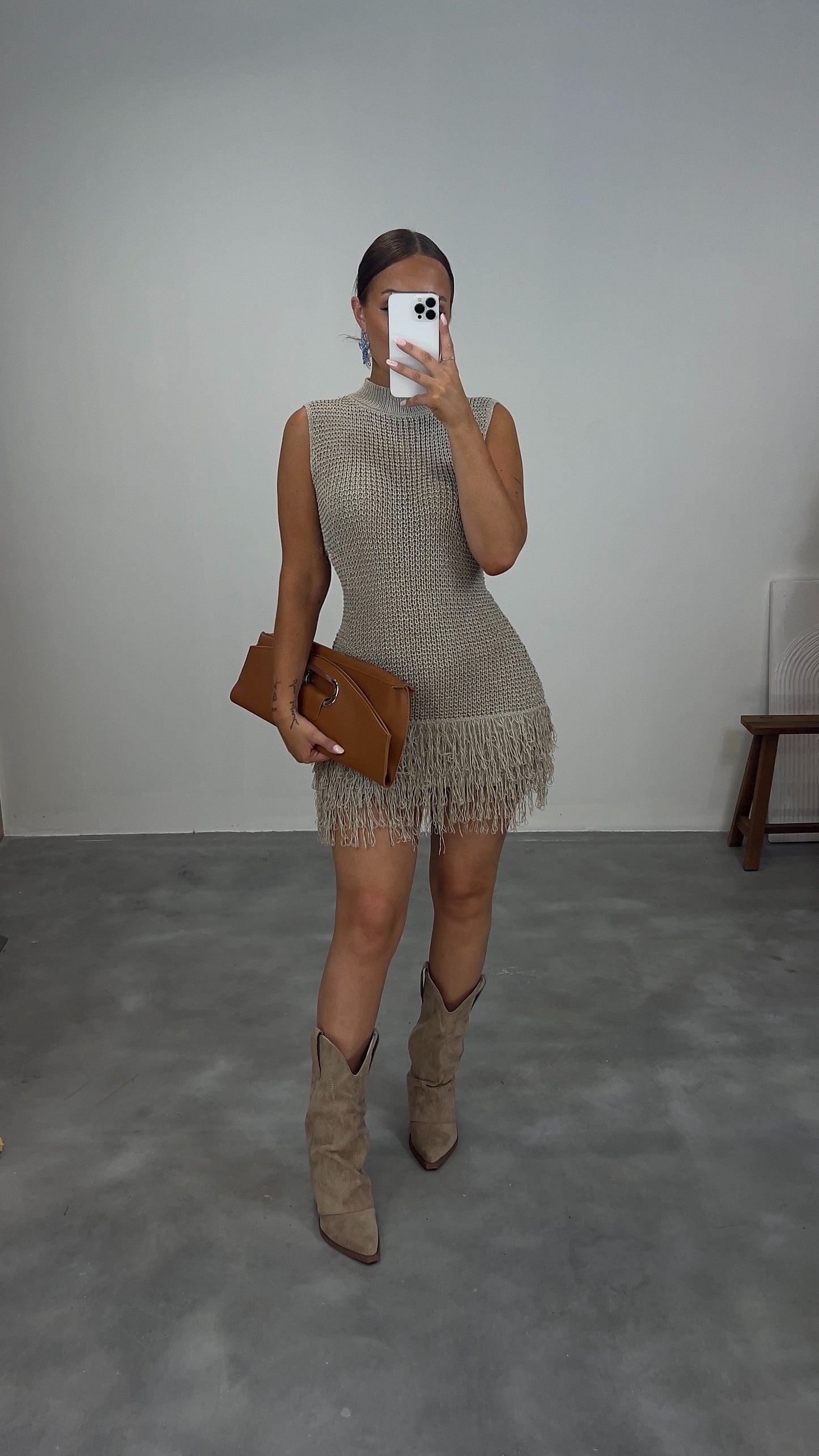 Robe maille frange - taupe