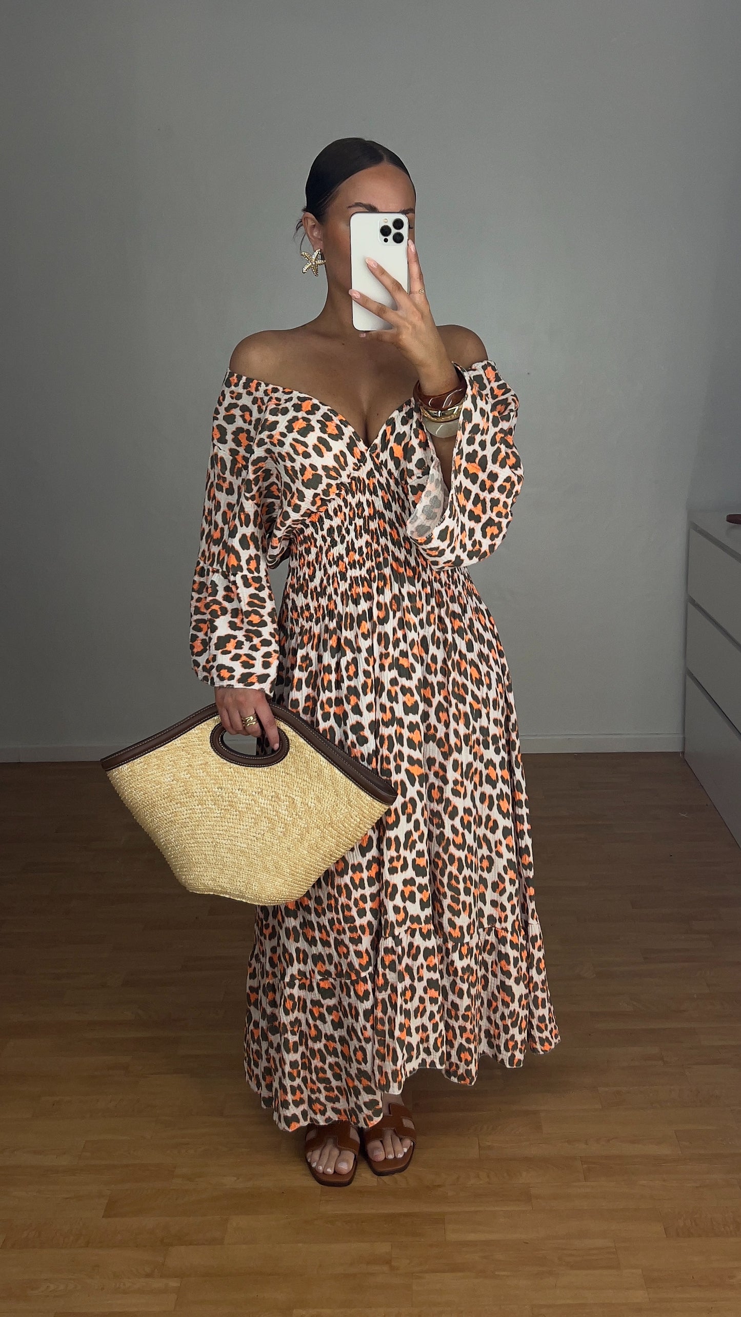 Robe longue léopard - orange et kaki