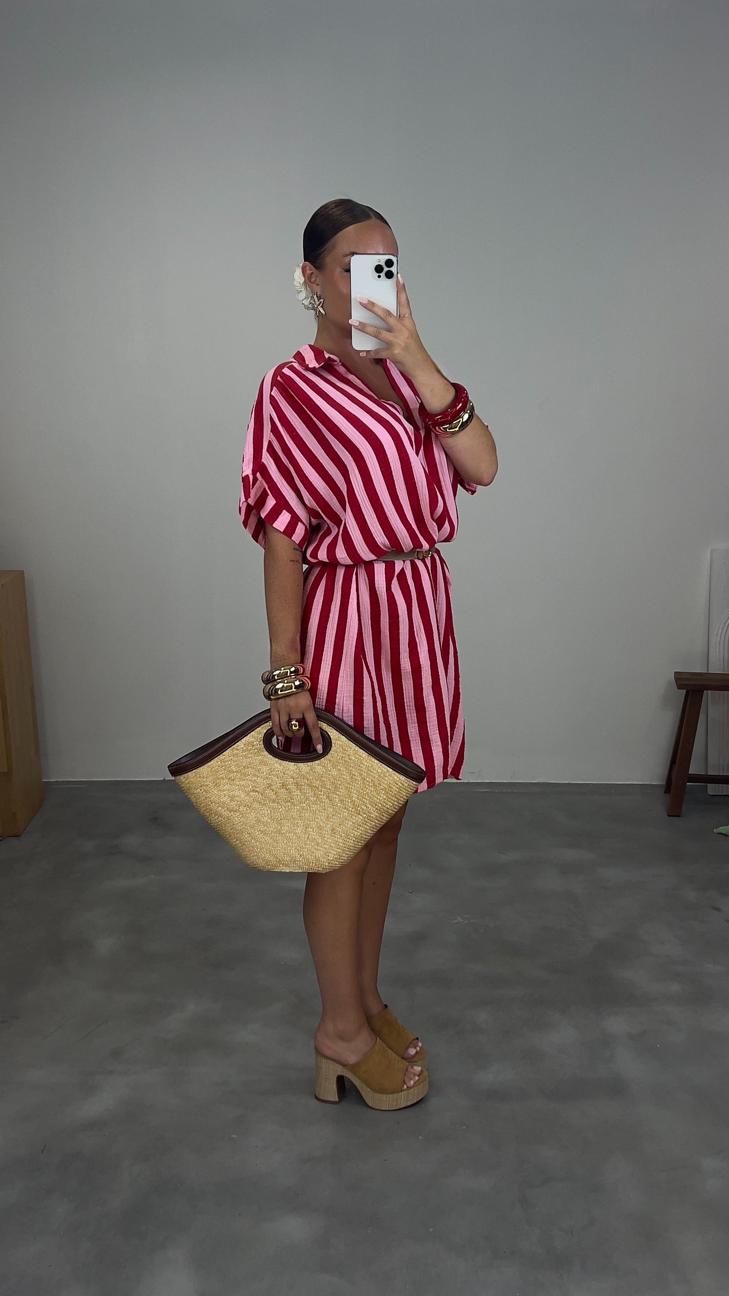 Robe courte rayée gaze de coton - rose