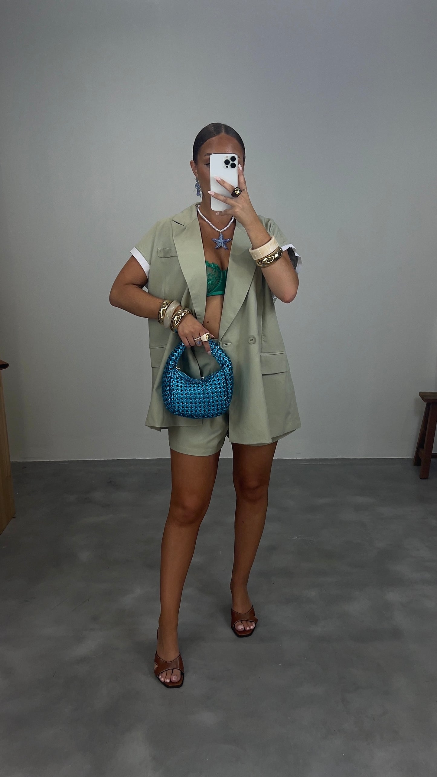 Ensemble costume short - vert sauge