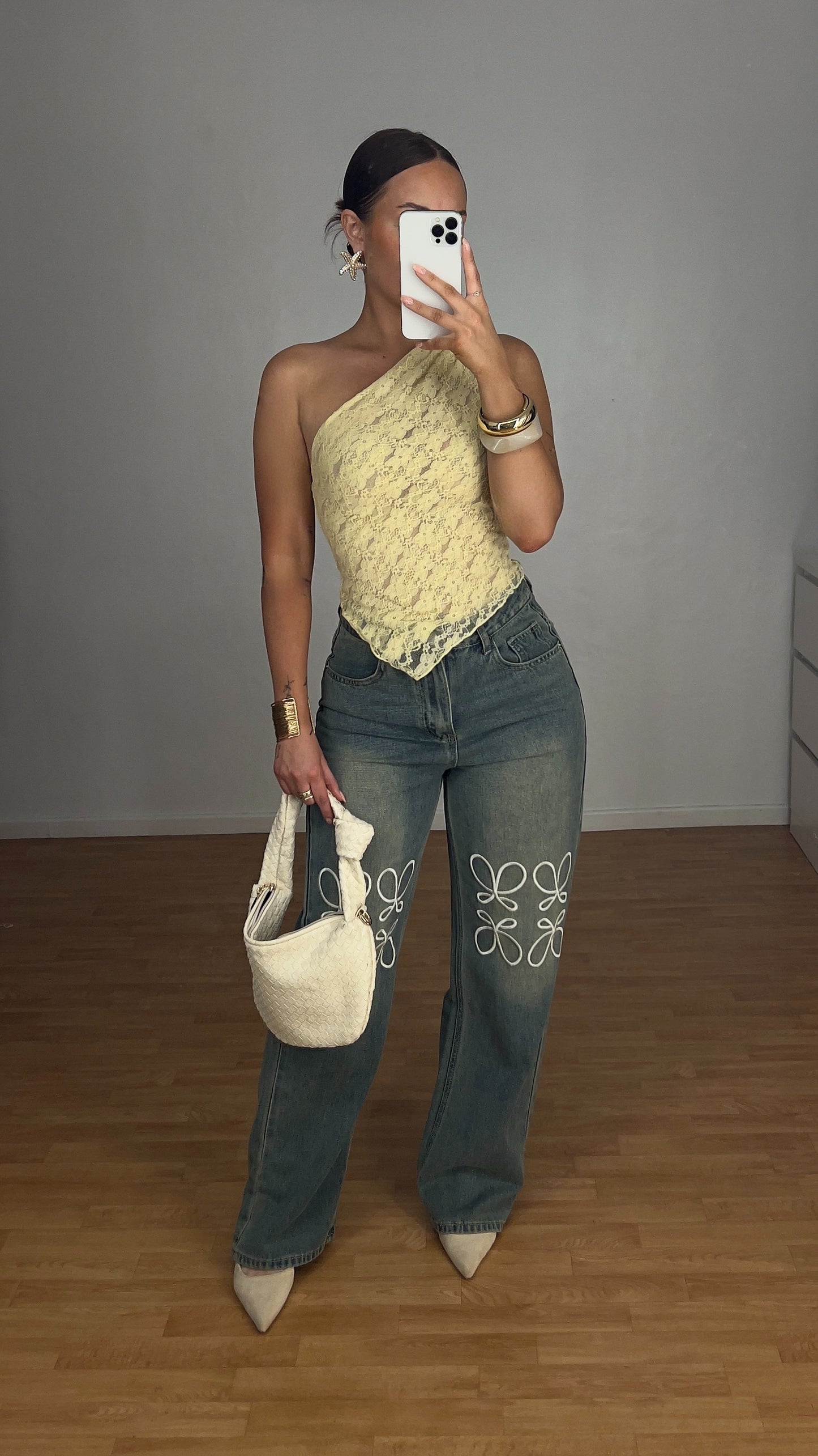 Top asymétrique dentelle - jaune