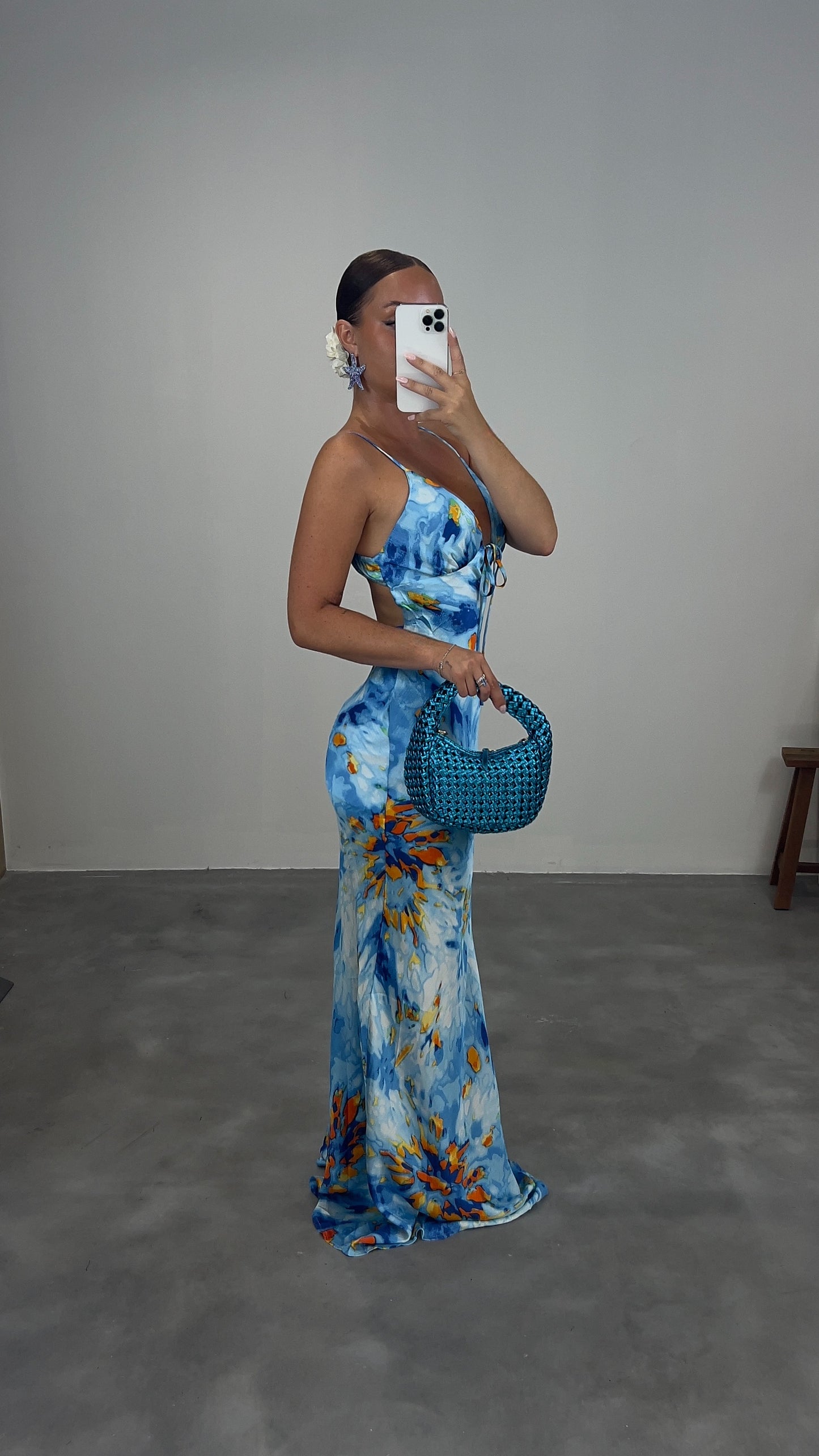 Robe longue satinée - turquoise