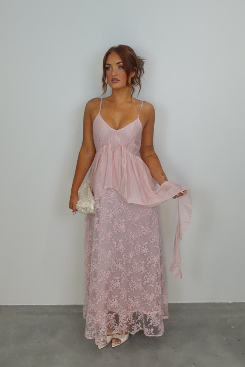 Robe longue bohème dentelle - rose