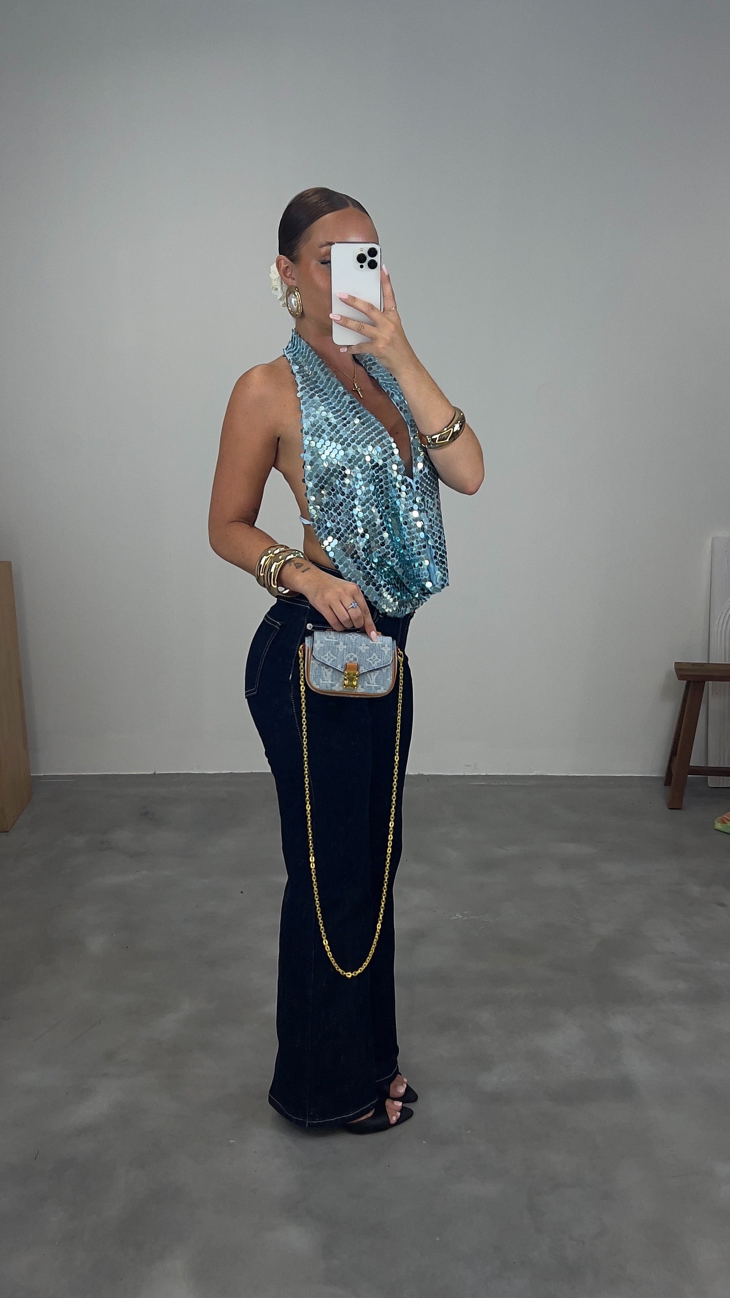 Top plongeant sequin - bleu ciel