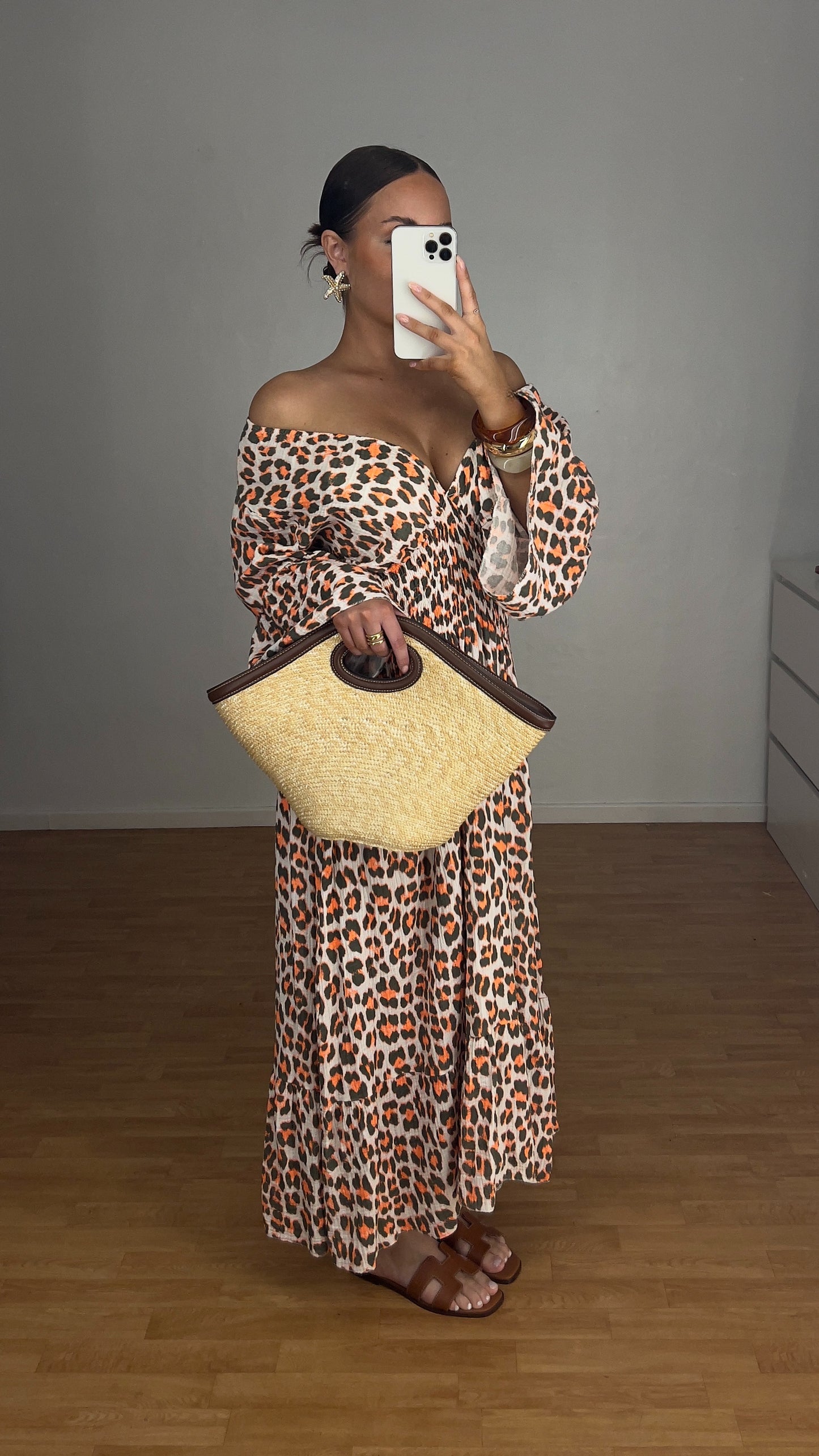 Robe longue léopard - orange et kaki