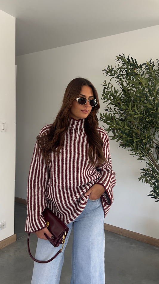 Gilet rayé col haut - bordeaux