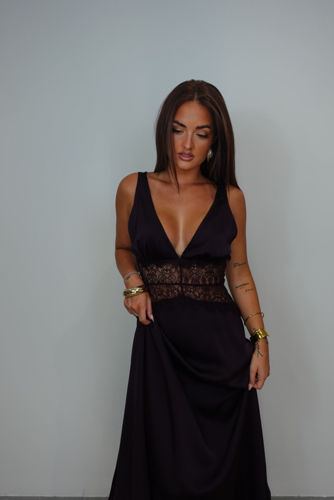Robe satinée dentelle - chocolat