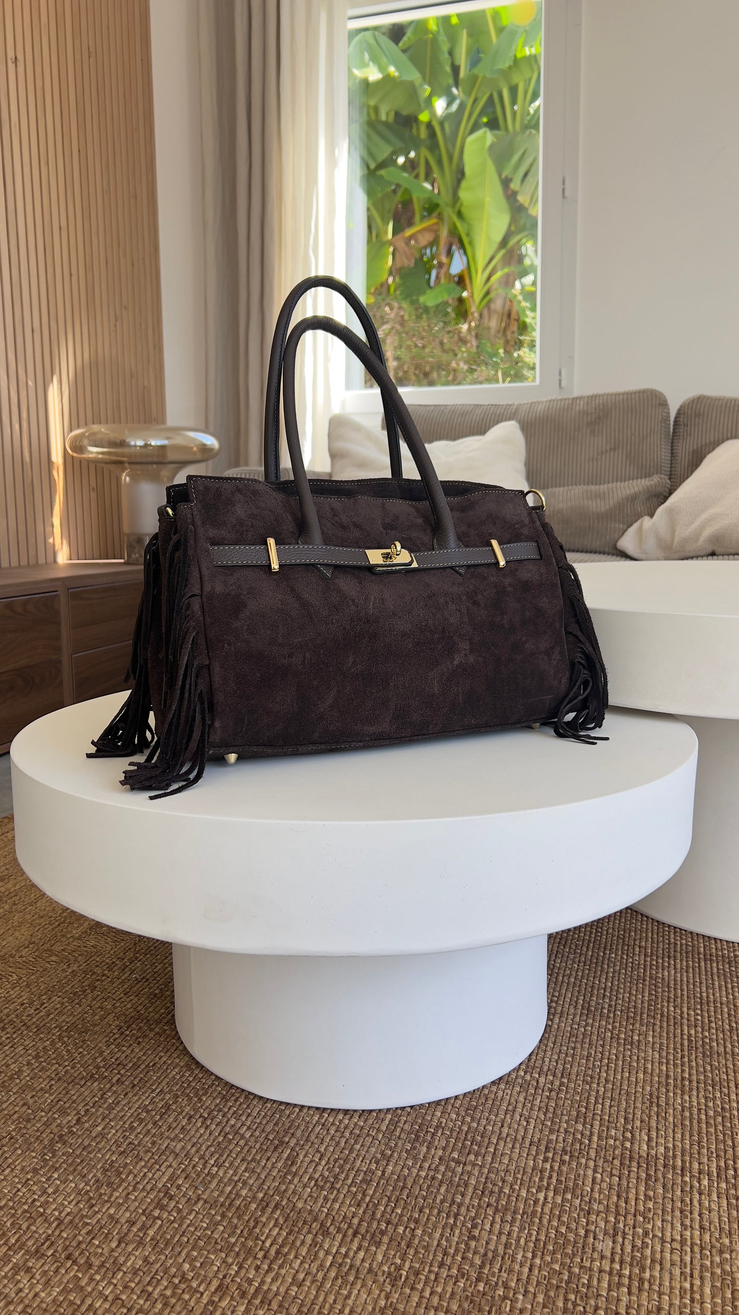 Grand sac en cuir frange - chocolat