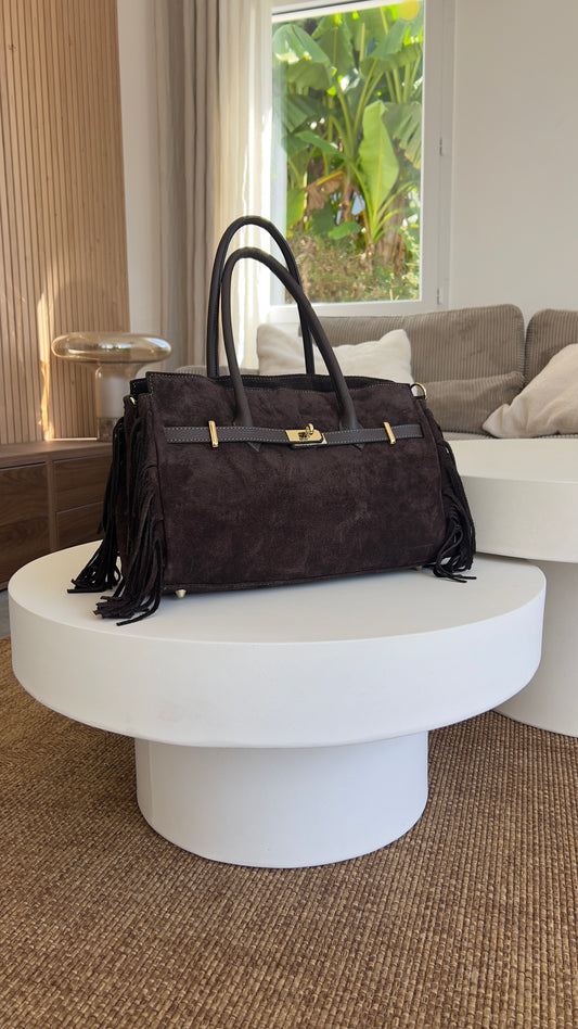 Grand sac en cuir frange - chocolat