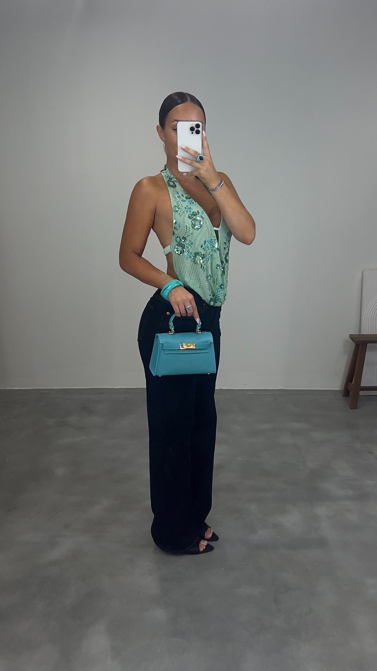 Top à strass fleuri - vert