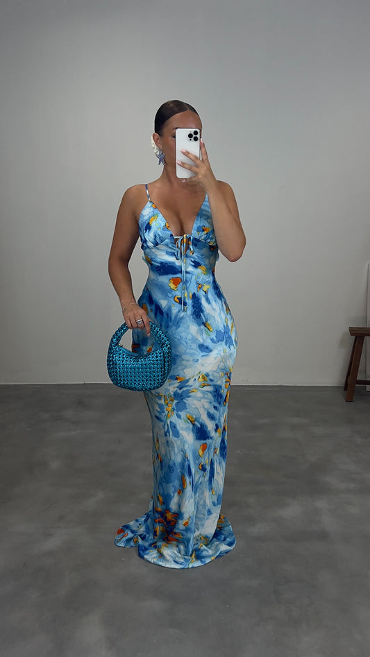 Robe longue satinée - turquoise