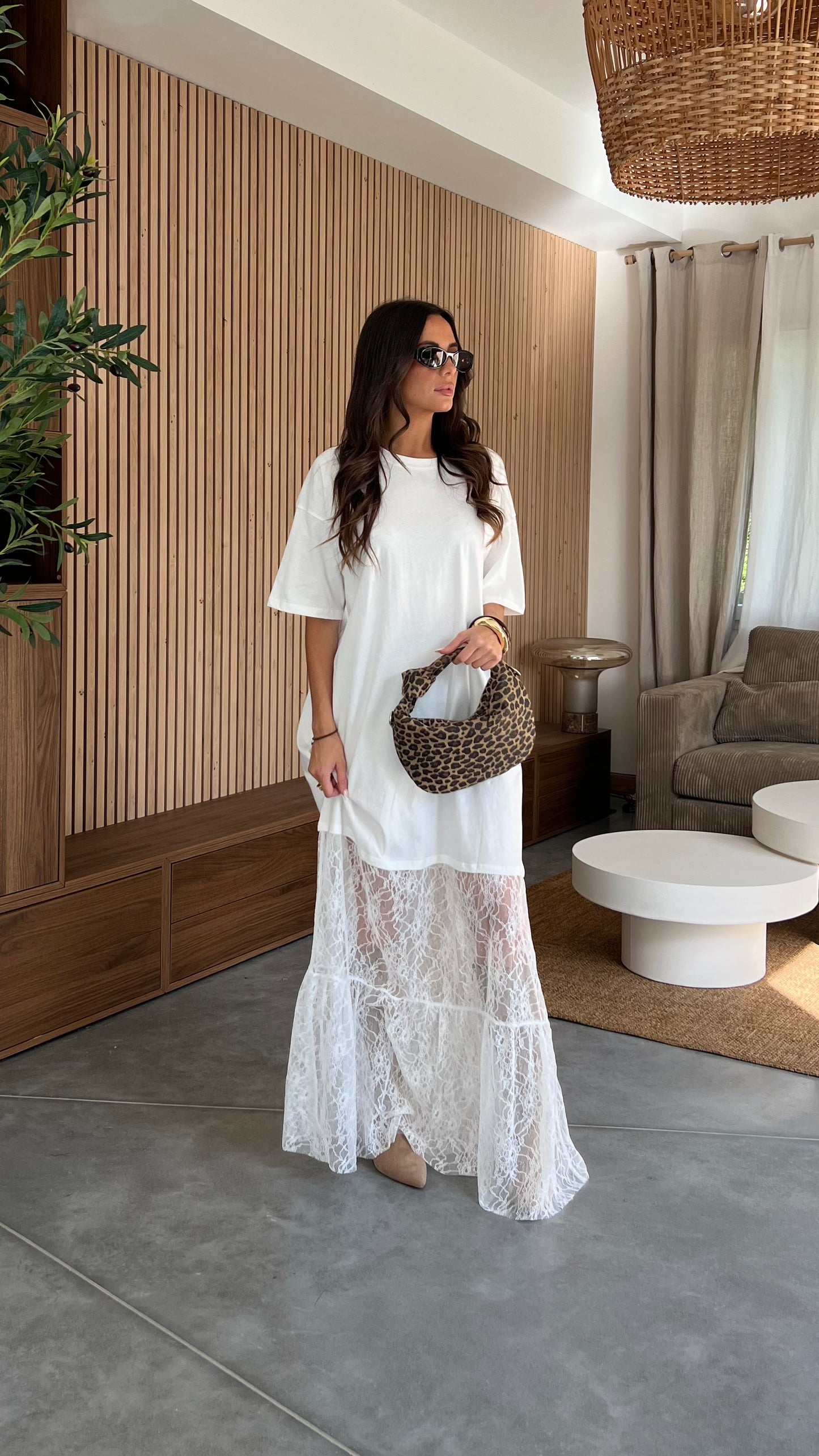 Robe t-shirt dentelle - blanche