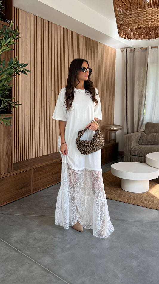 Robe t-shirt dentelle - blanche