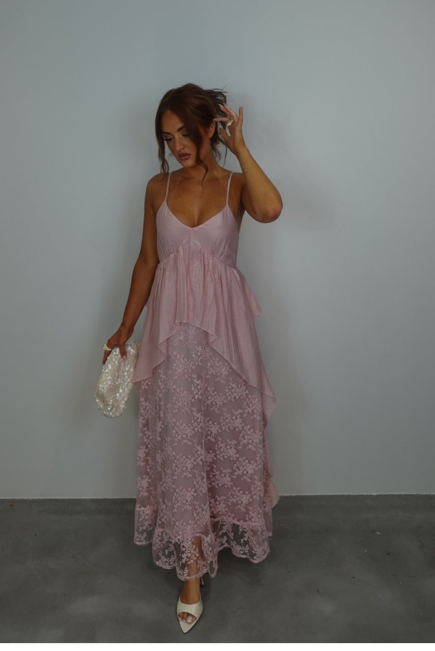 Robe longue bohème dentelle - rose