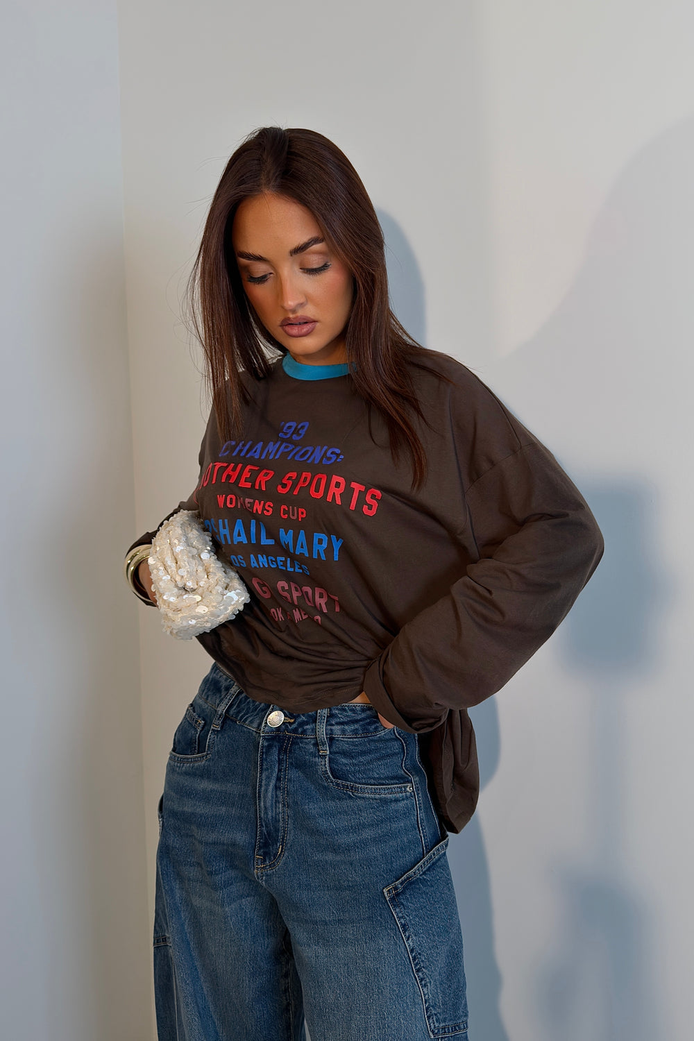T-shirt manches longues imprimé - chocolat