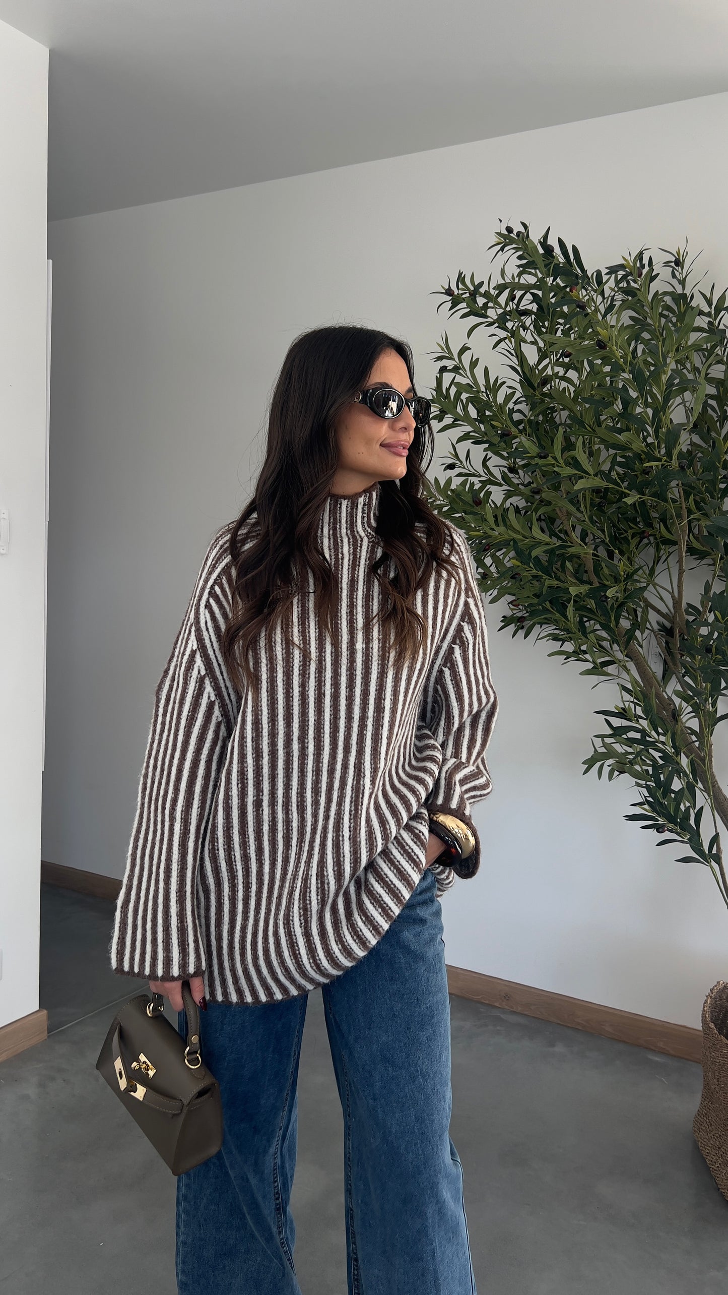 Pull rayé col roulé - chocolat