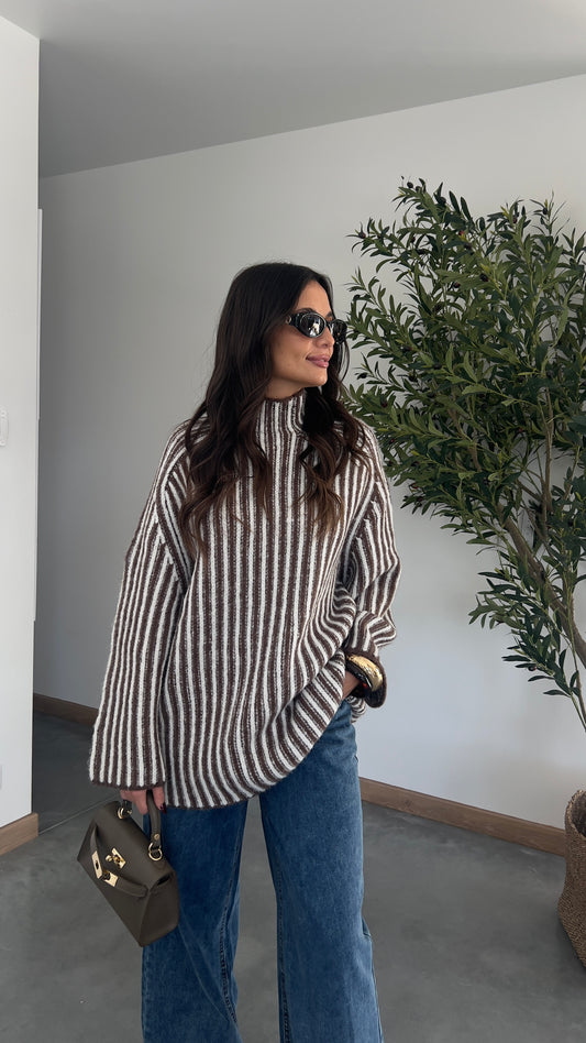 Pull rayé col roulé - chocolat