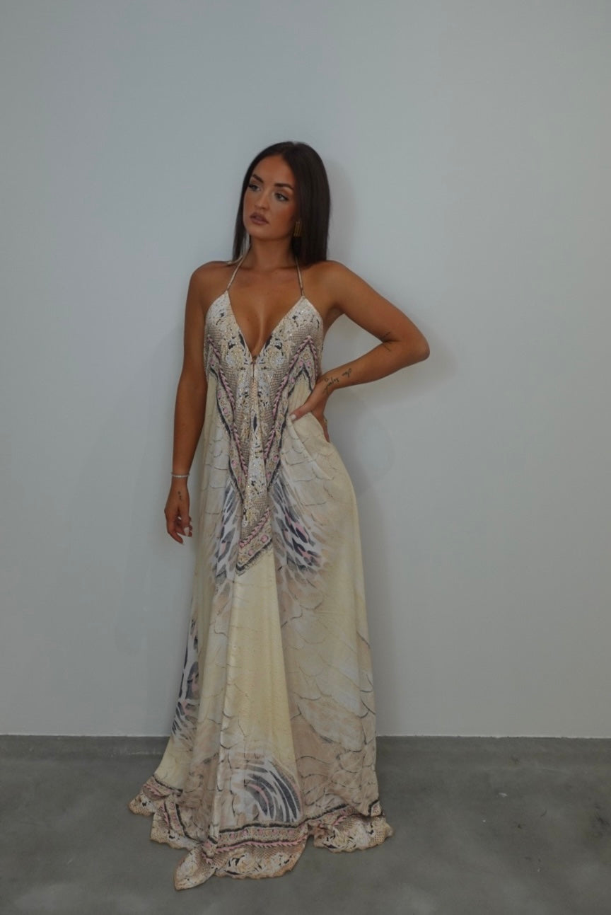 Robe bohème dos nu - jaune et rose