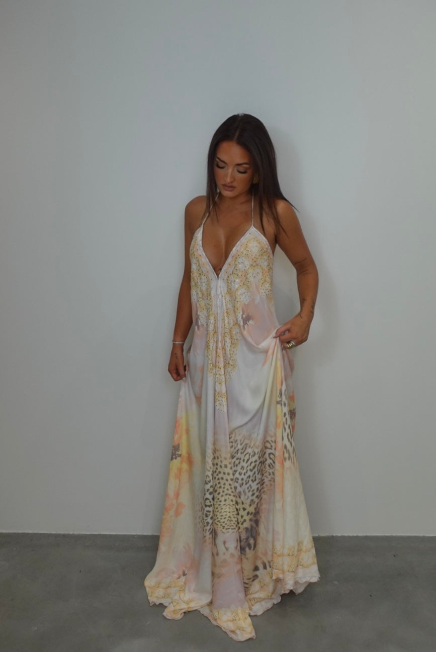 Robe bohème dos nu - jaune et beige