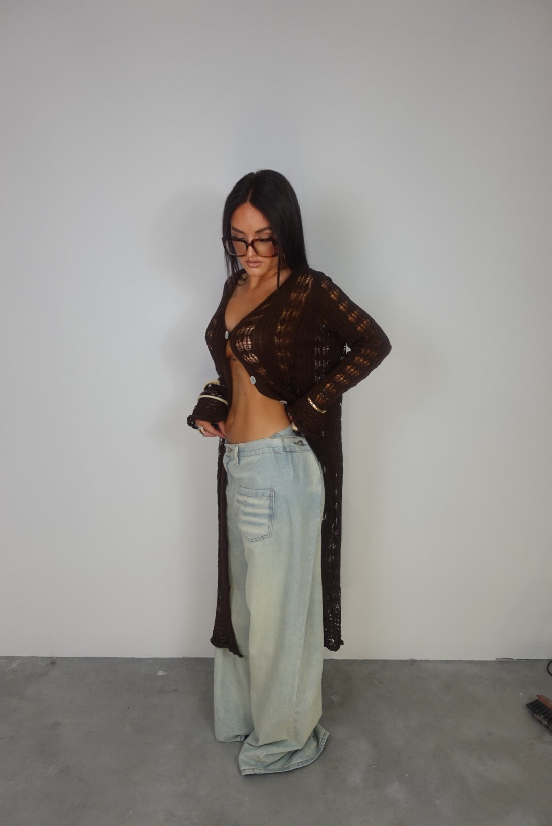 Gilet long en maille - chocolat