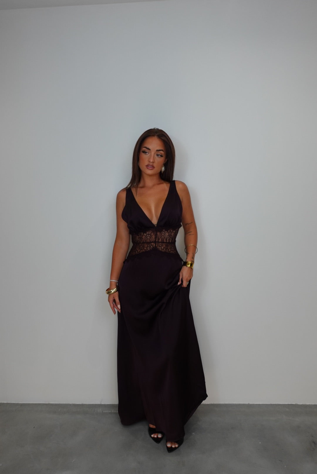 Robe satinée dentelle - chocolat