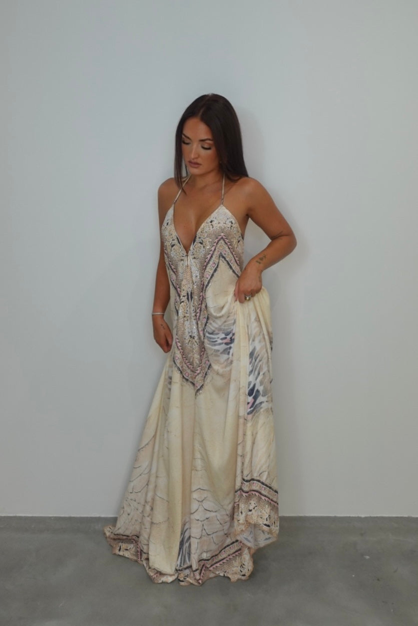 Robe bohème dos nu - jaune et rose