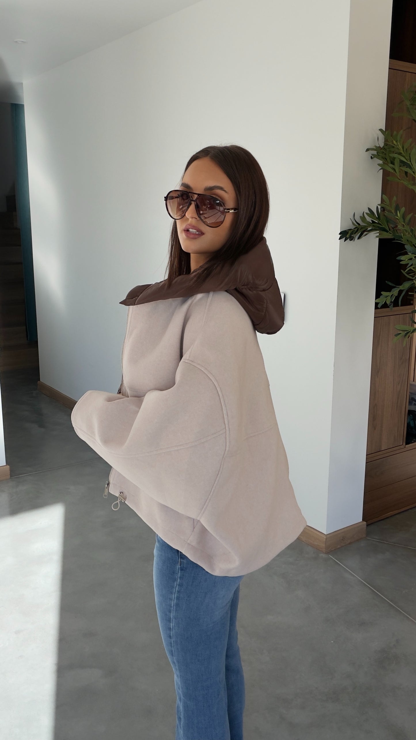 Manteau bi matière - crème et chocolat