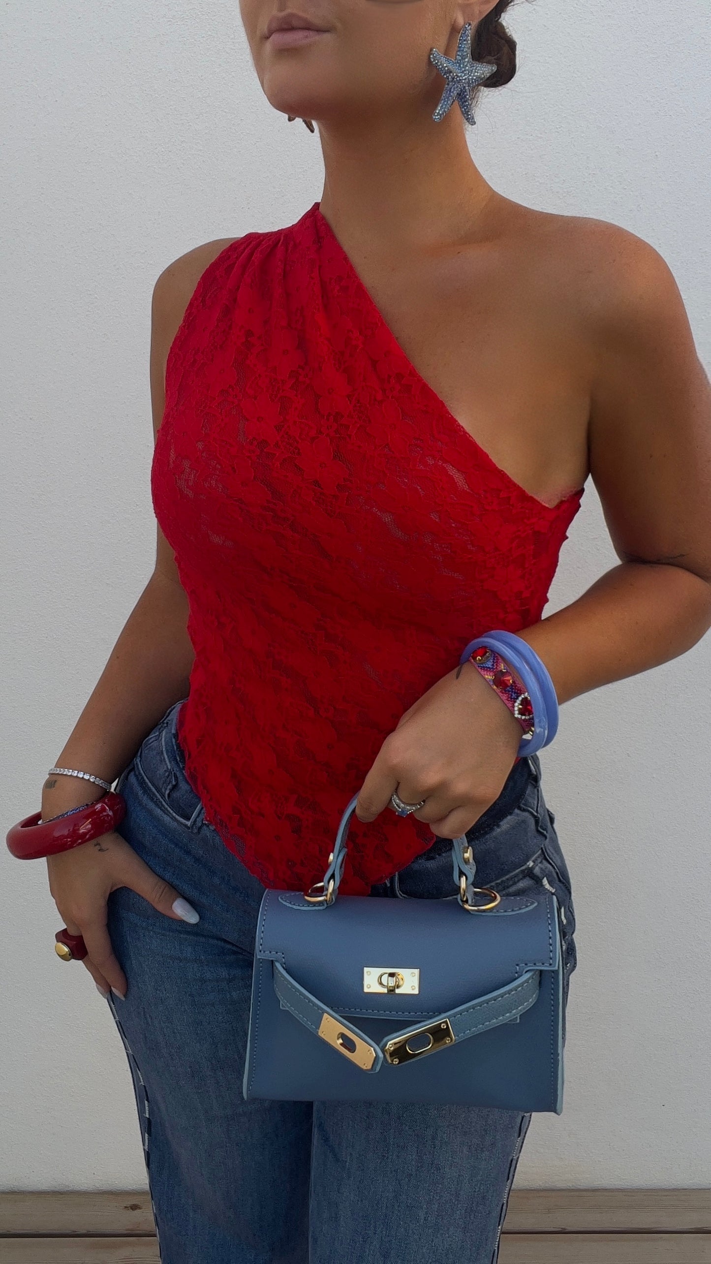 Haut asymétrique dentelle - rouge