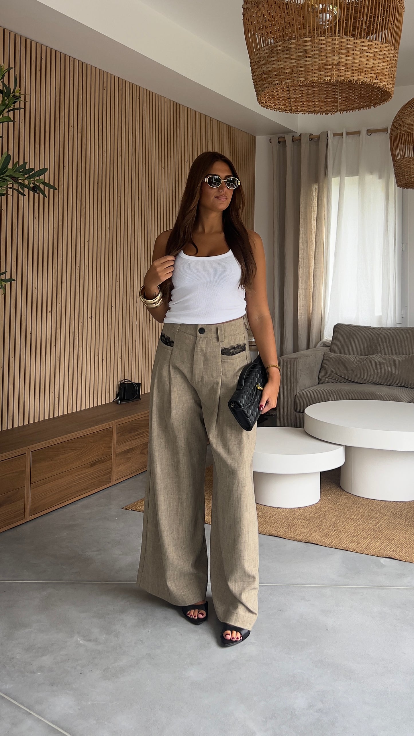 Pantalon tailleur dentelle - taupe