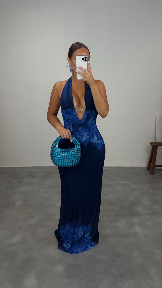 Robe de soirée décolleté plongeant - bleu nuit