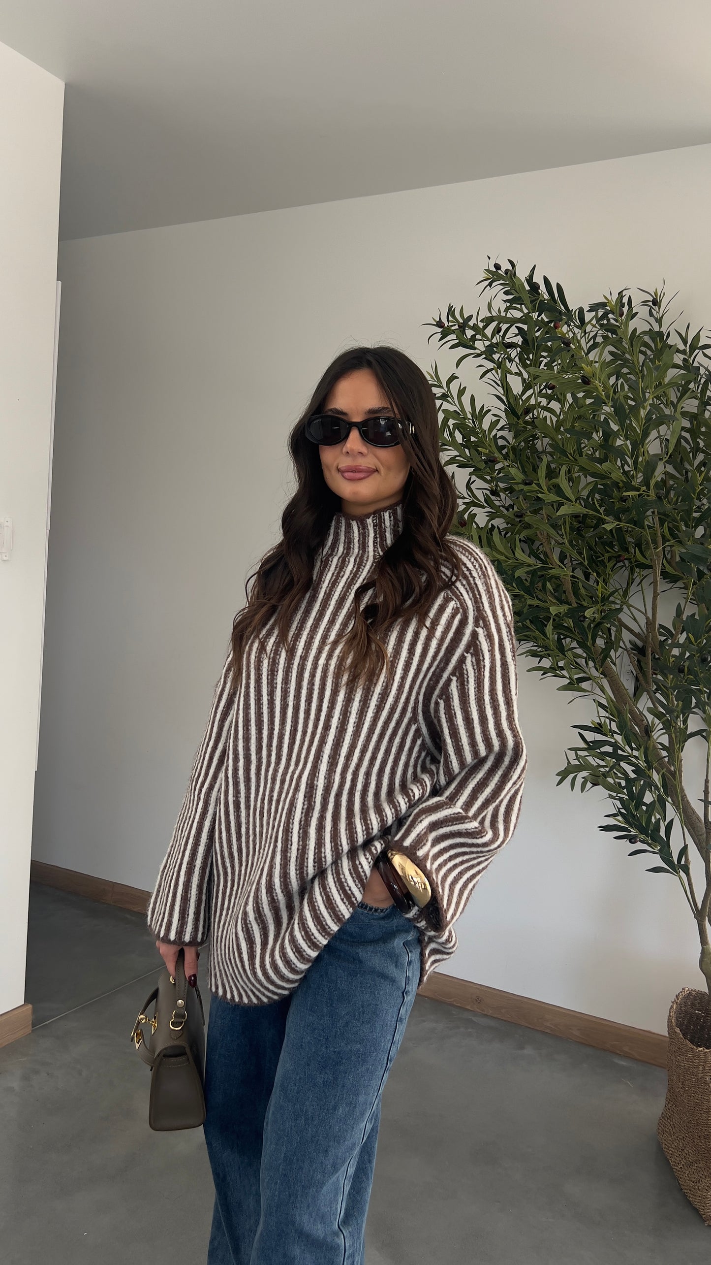 Pull rayé col roulé - chocolat