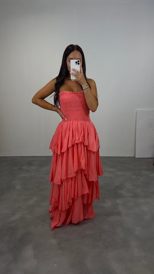 Robe bustier volants corail