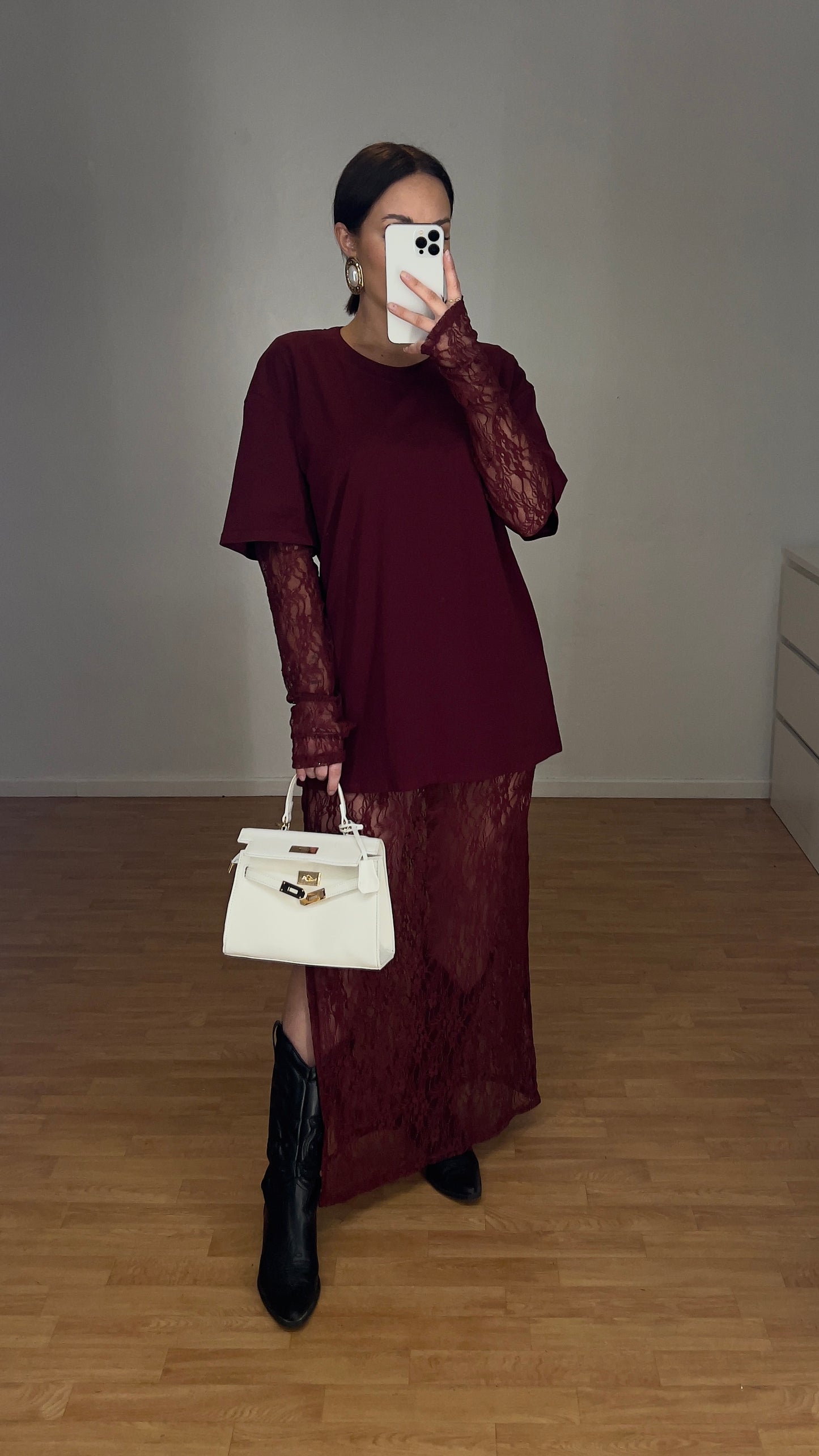Robe t-shirt dentelle - bordeaux
