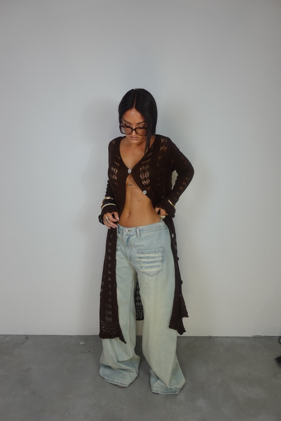 Gilet long en maille - chocolat