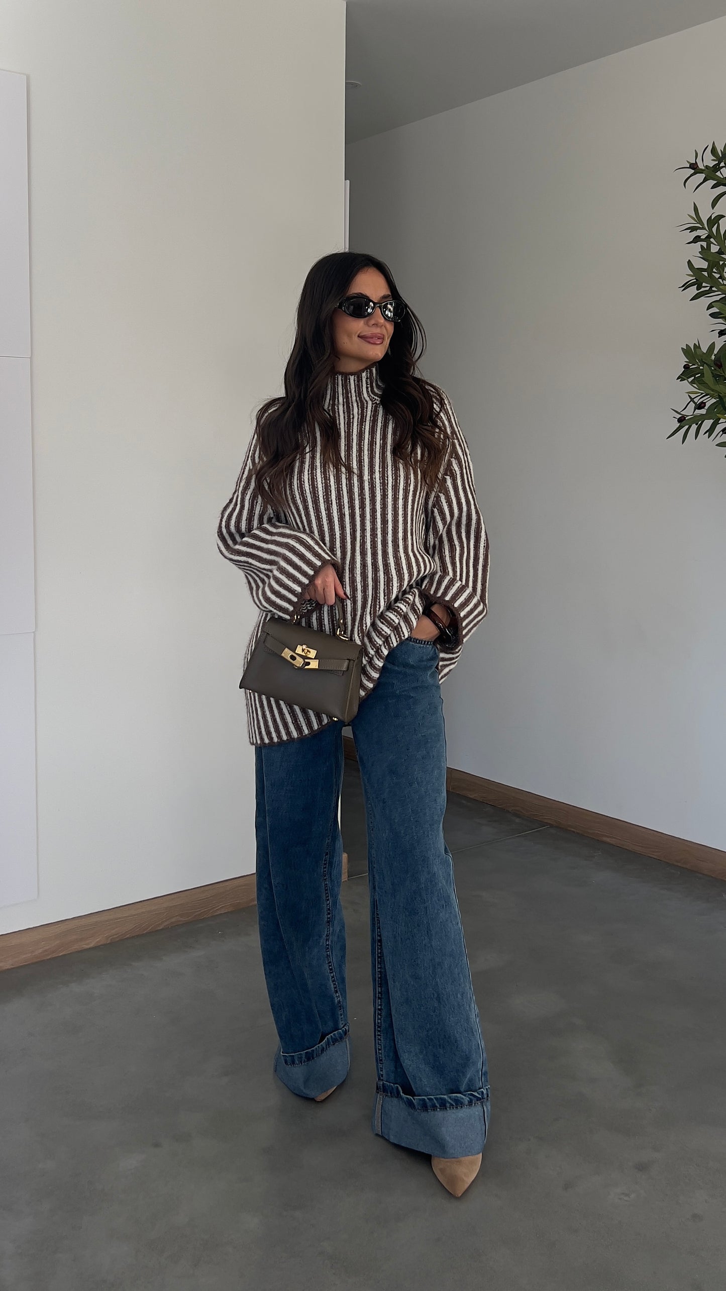 Pull rayé col roulé - chocolat