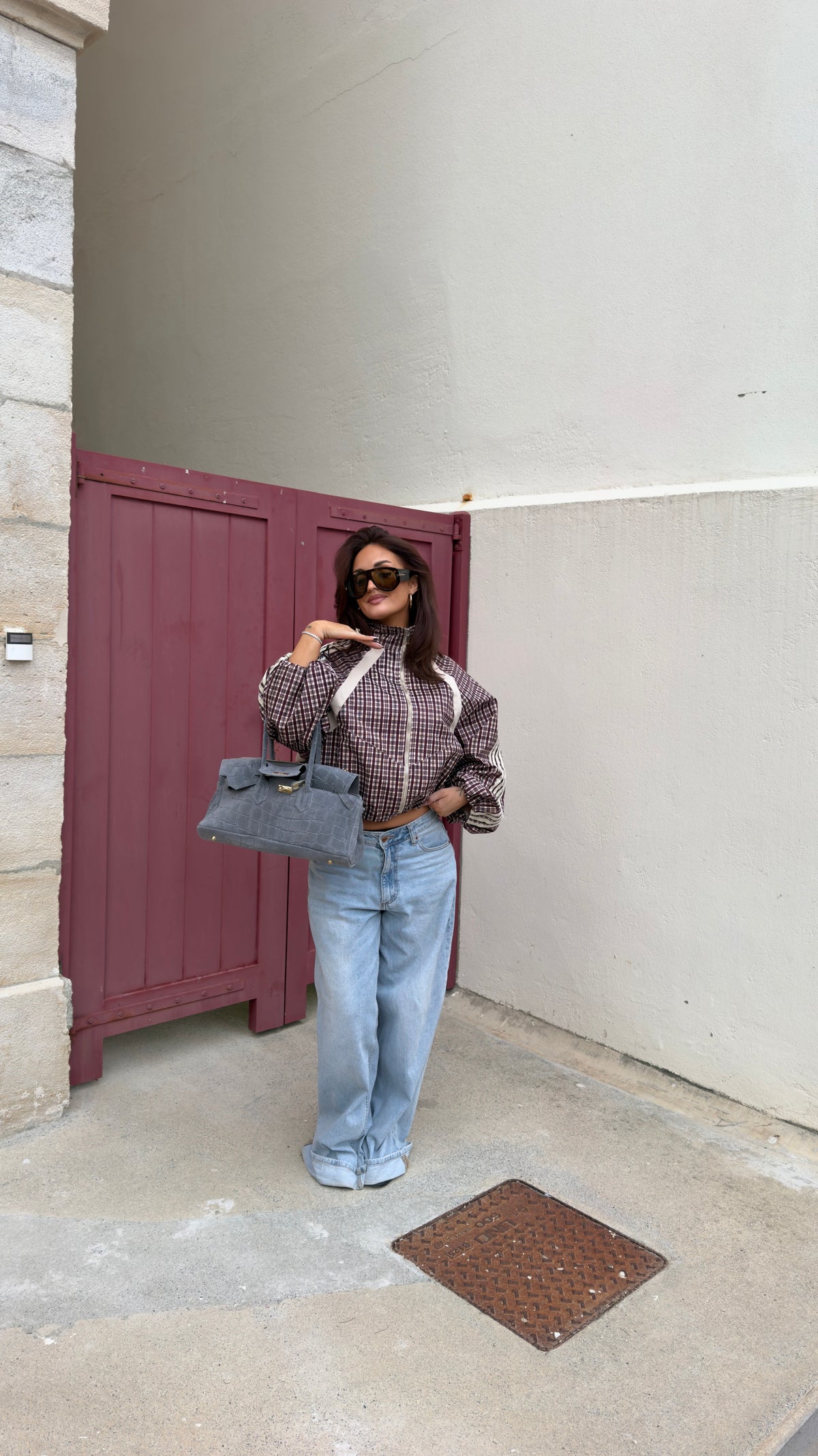Veste loose à carreaux - bordeaux