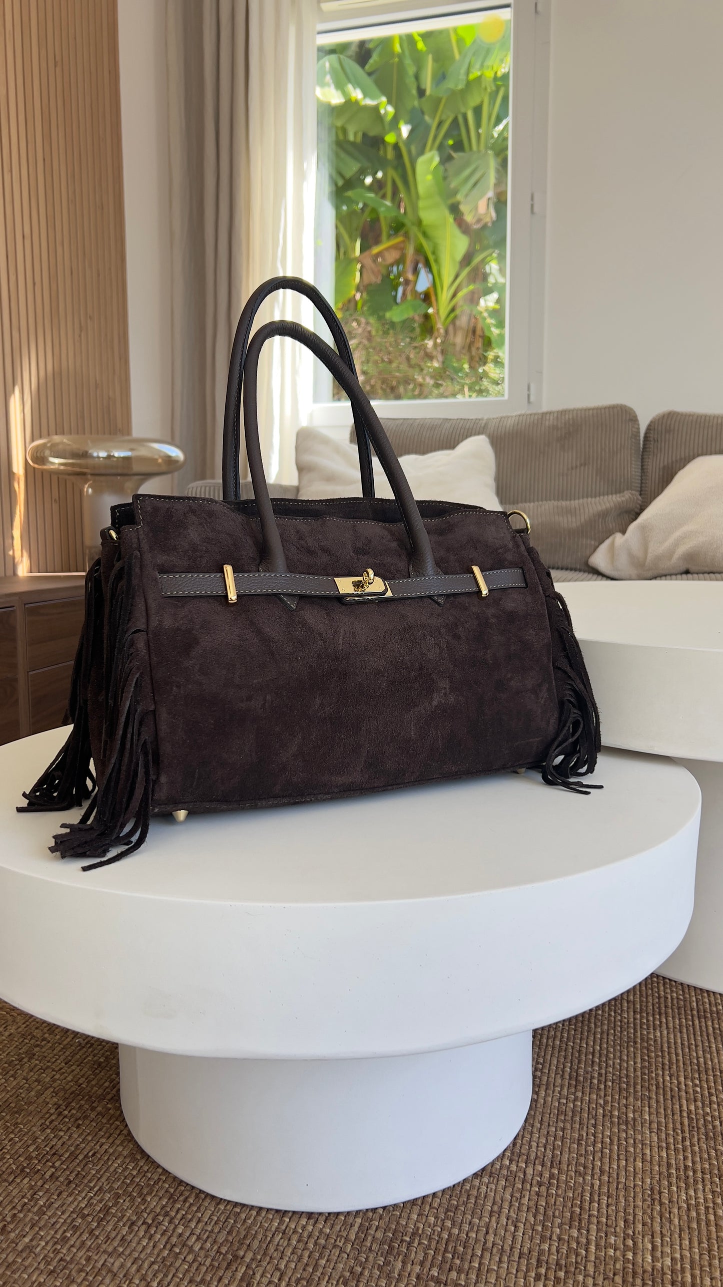 Grand sac en cuir frange - chocolat