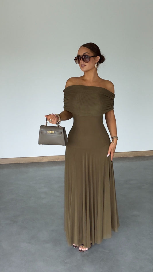 Robe kaki col bardot - kaki