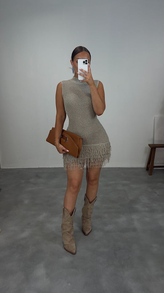 Robe maille frange - taupe