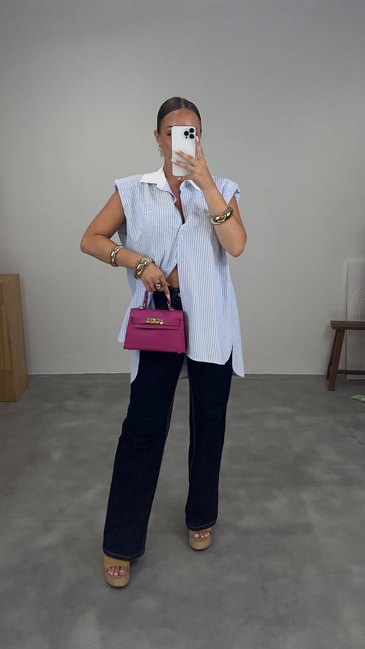 Chemise sans manches strass - bleu ciel