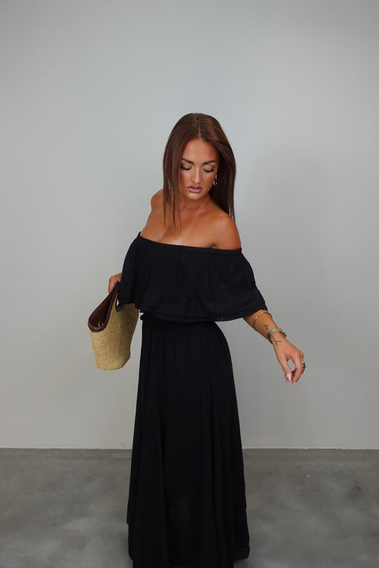 Robe longue brodée - noire