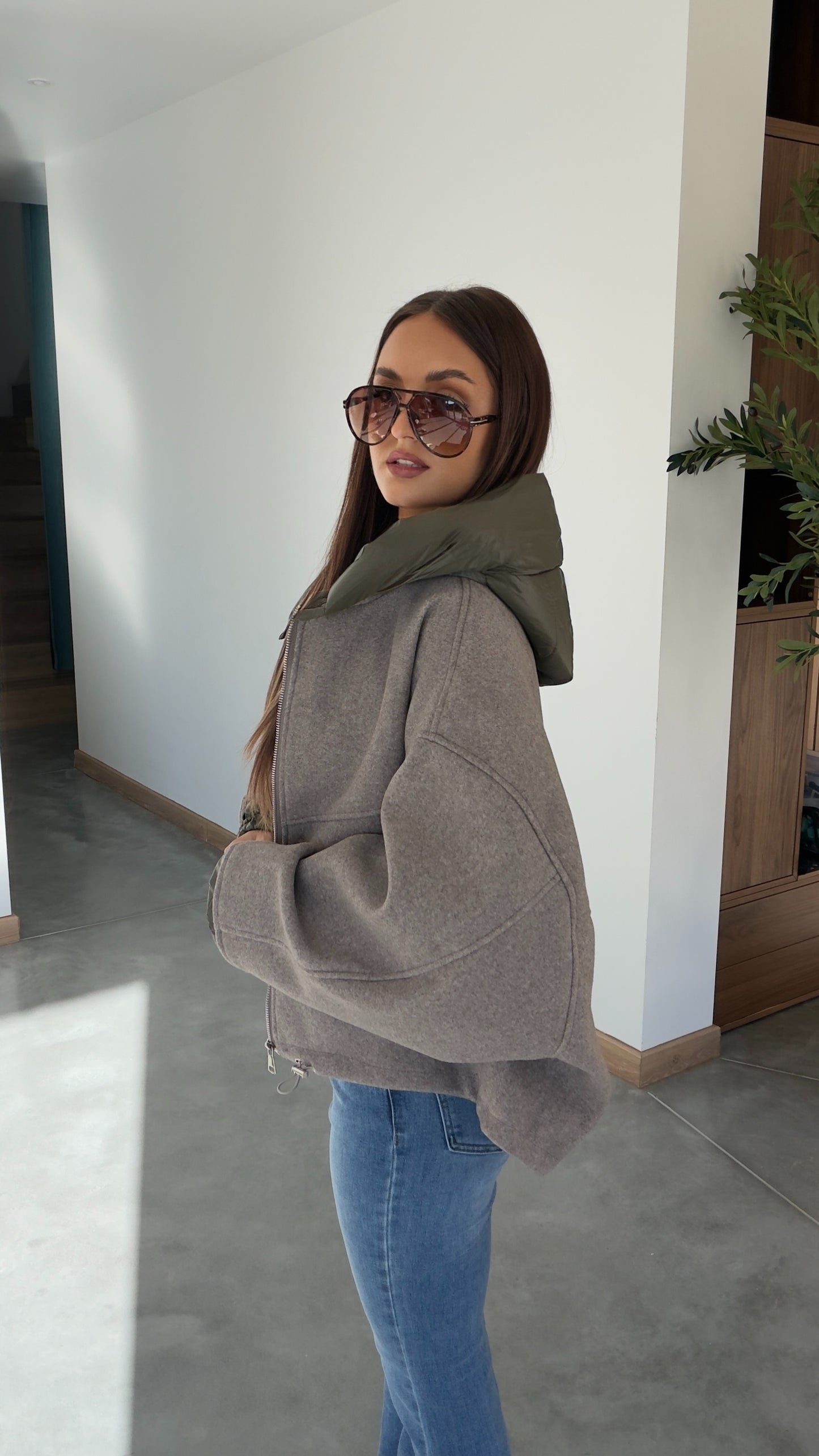 Manteau bi matière - kaki et taupe