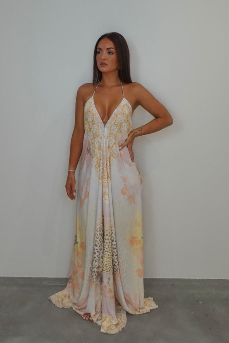 Robe bohème dos nu - jaune et beige