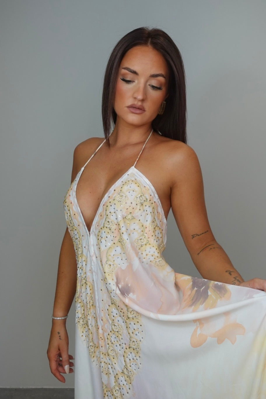 Robe bohème dos nu - jaune et beige