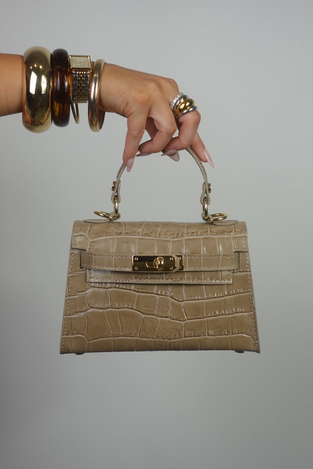 Sac en cuir petit format - croco taupe